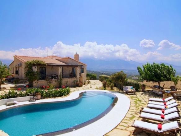 Unique stone villa with a pool, amazing sea & White Mountains views close to Episkopi beach in Rethymno